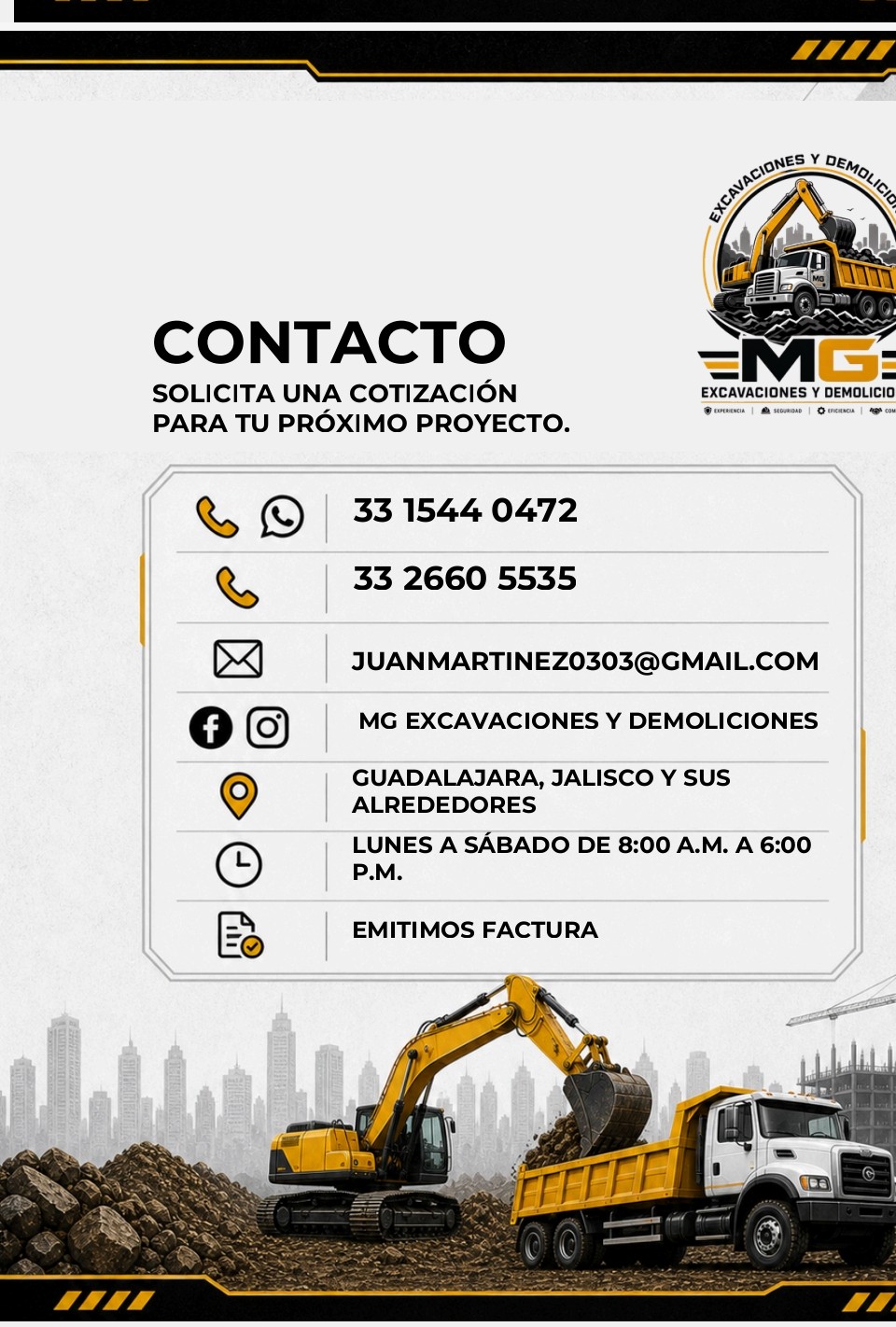 Información corporativa MG Excavaciones y Demoliciones